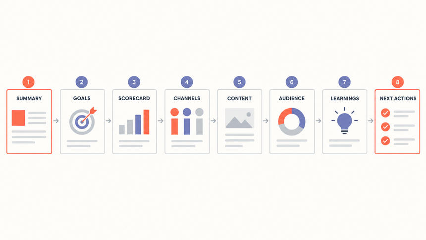 Eight-slide storyboard for a monthly social media report presentation