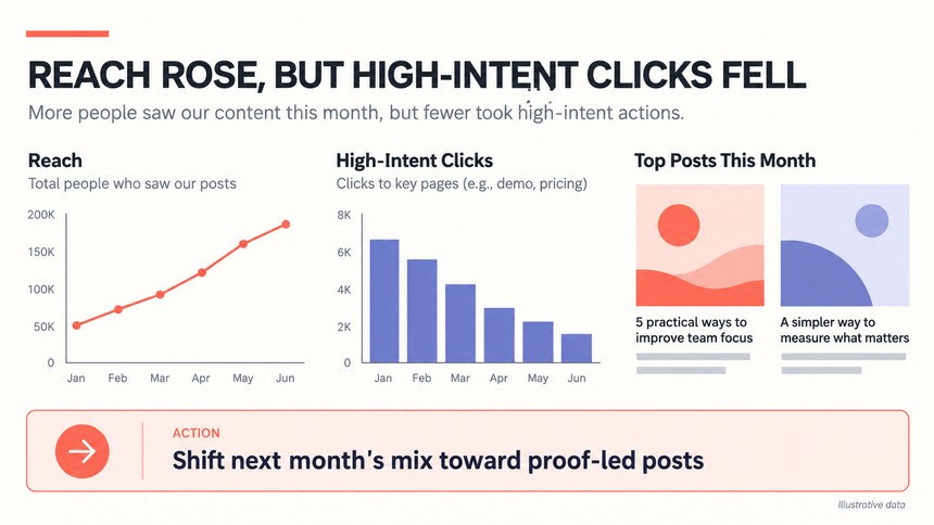 Illustrative social media report slide showing rising reach, falling high-intent clicks, and a specific content-mix action