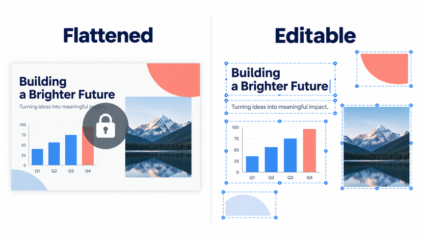 Document-to-slide workflow that preserves editable text, charts, and layout elements