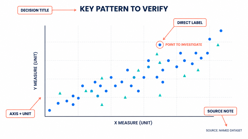 Anatomy of a presentation-ready scatter plot with units, source note, and direct annotation