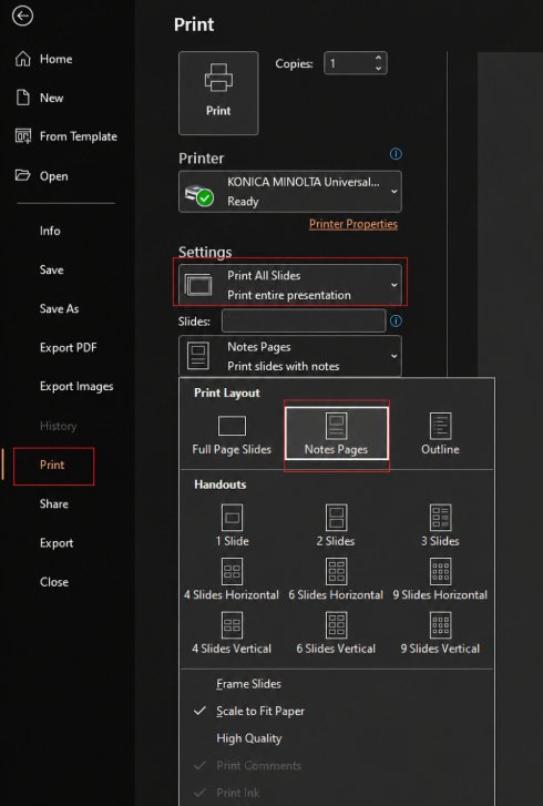 Printing PowerPoint Notes