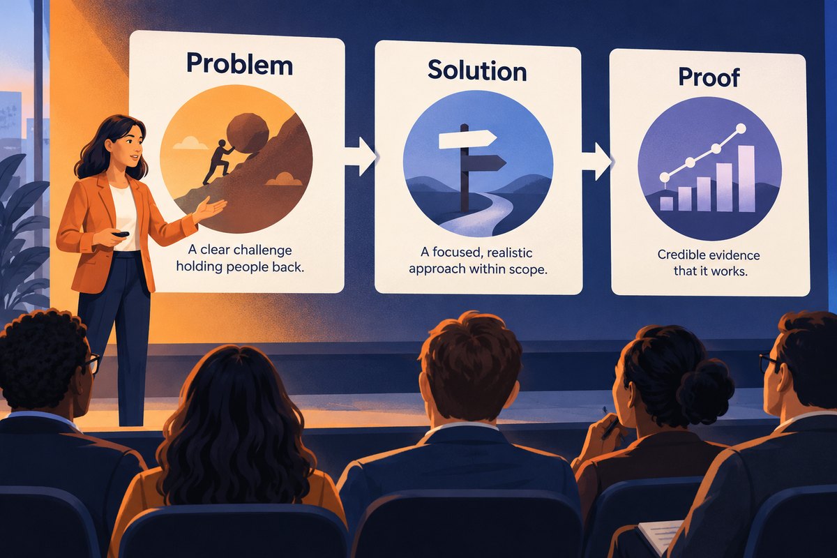 Problem–Solution–Proof Presentation: A Bounded Story Arc