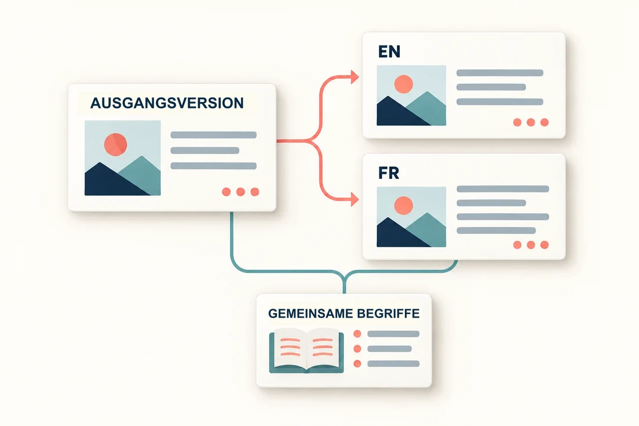 Zwei Sprachfassungen einer Präsentation mit zugeordneten Aussagen und angepassten Textfeldern