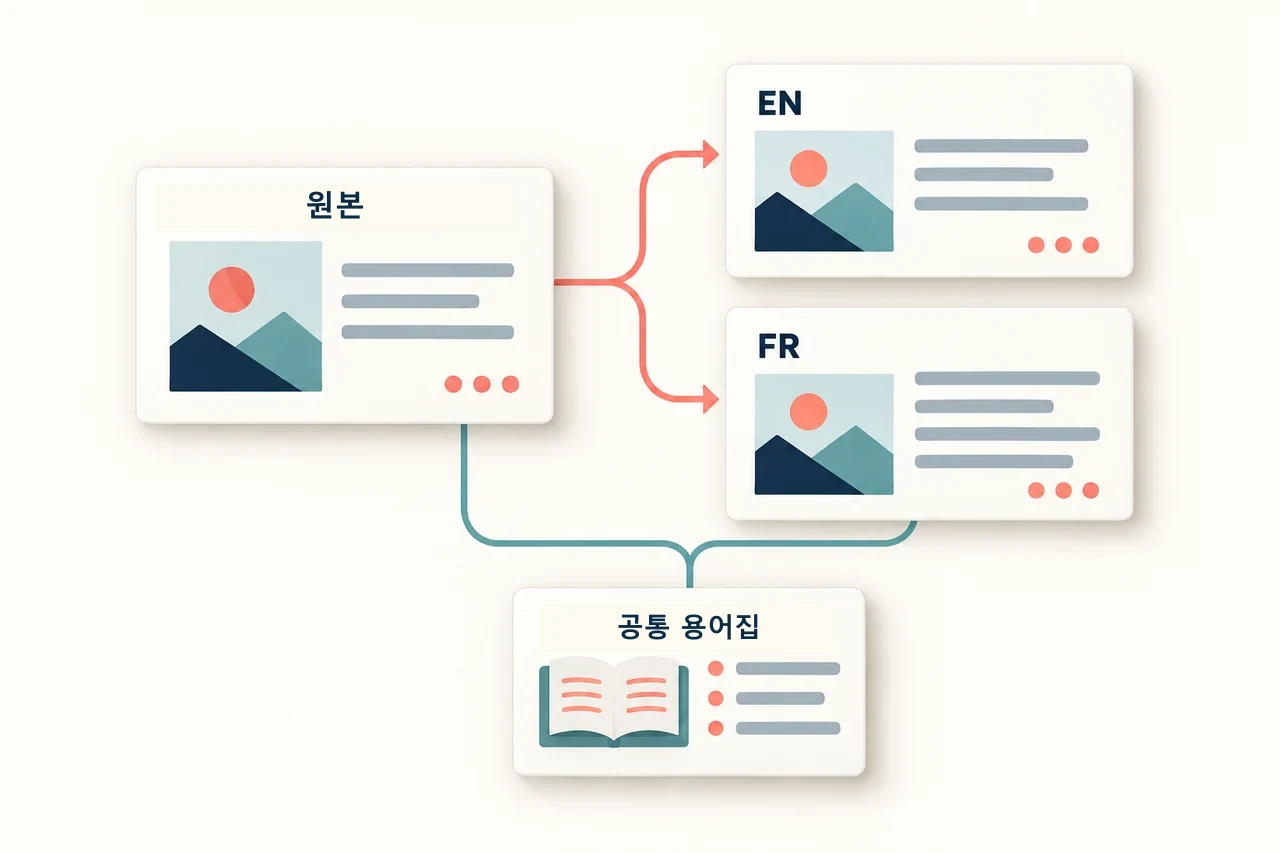 영어와 프랑스어 슬라이드의 수치와 담당 의미를 대조하고 번역문에 맞춰 배치를 조정하는 예시