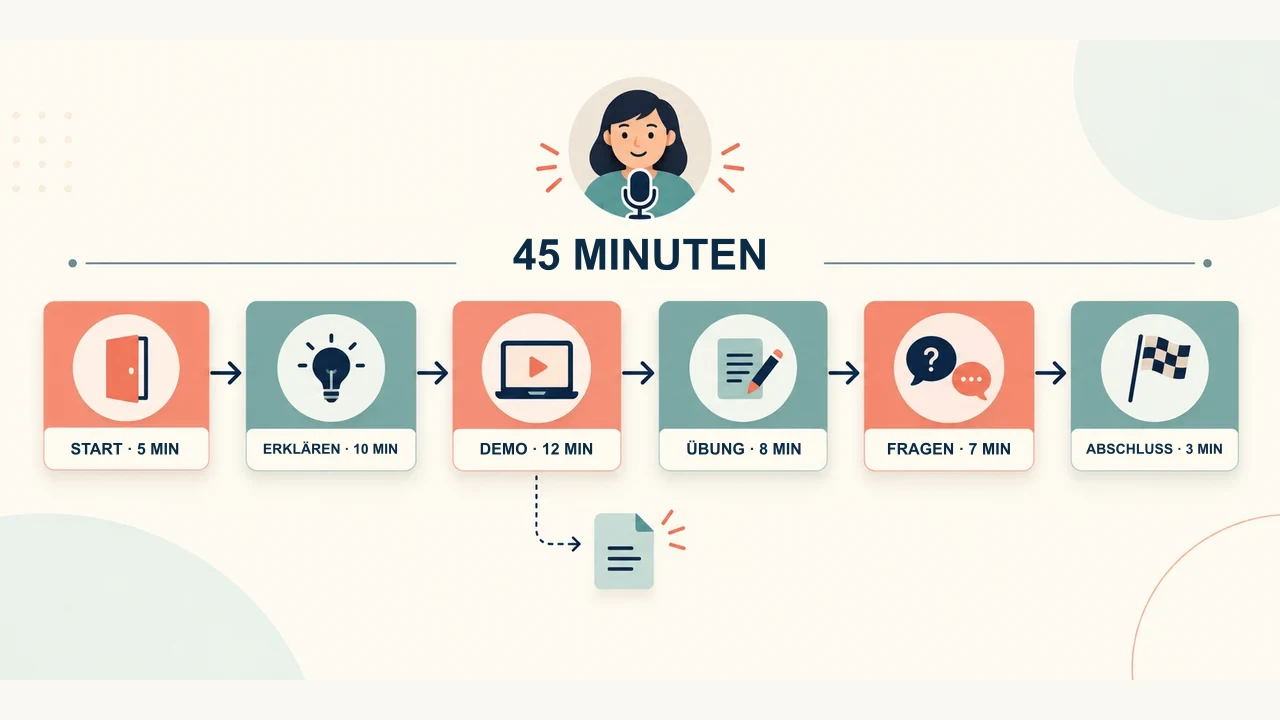 45-Minuten-Webinar mit Einstieg, Erklärung, Demonstration, Übung, Fragen und Abschluss