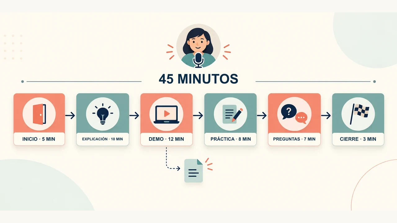 Plan de un webinar de 45 minutos con explicación, demostración, práctica y preguntas.