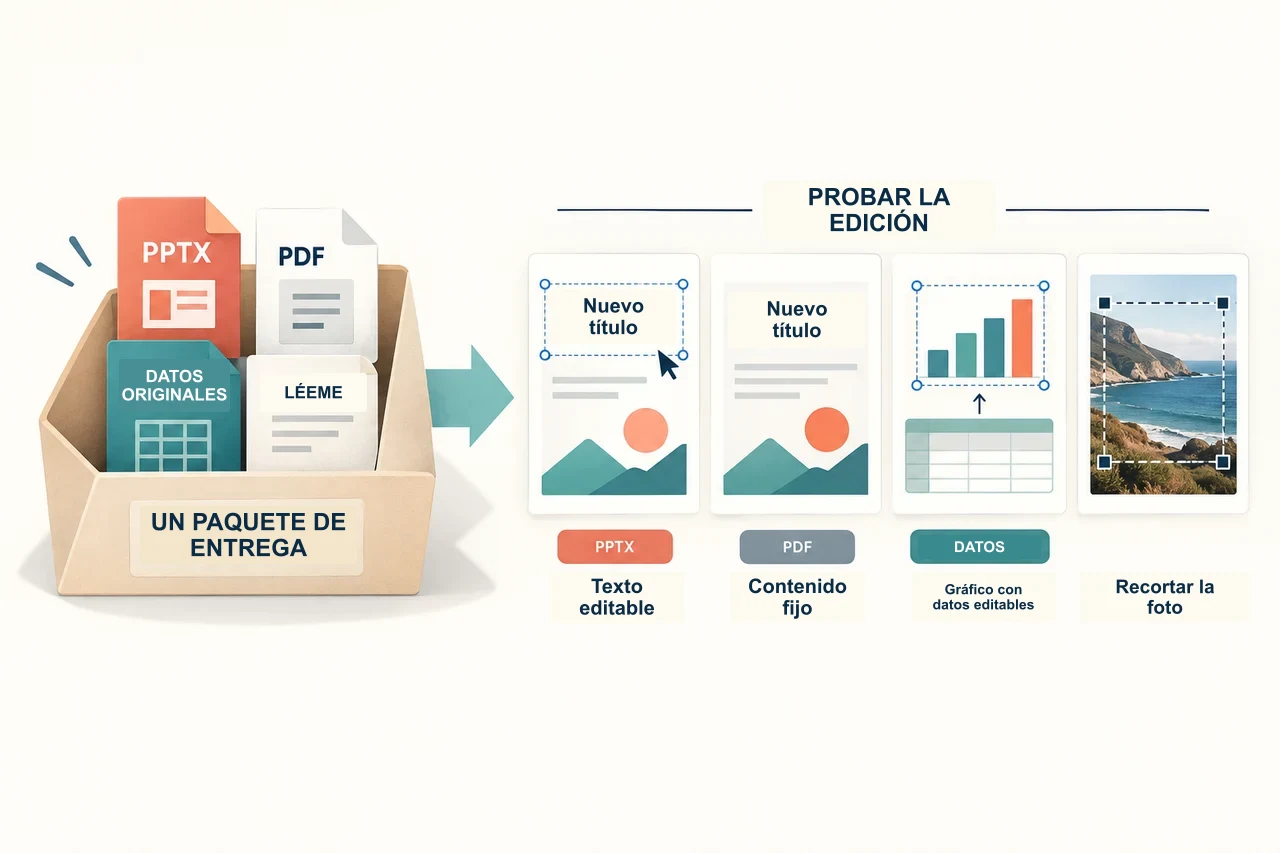 Paquete de PowerPoint con PPTX, PDF, datos, léeme y tres pruebas de edición.