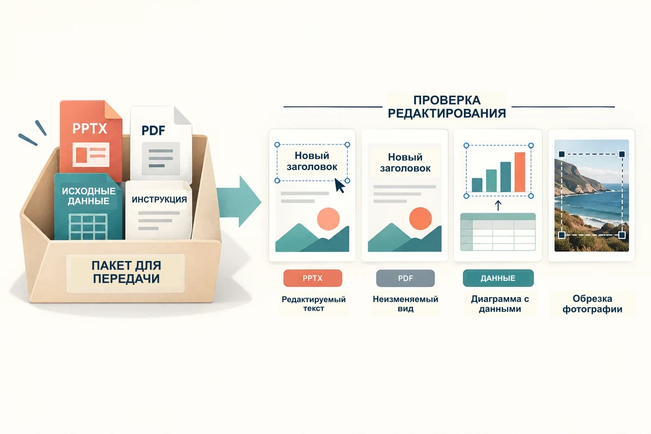 Комплект передачи PowerPoint: PPTX, PDF, данные, README и три проверки редактирования.