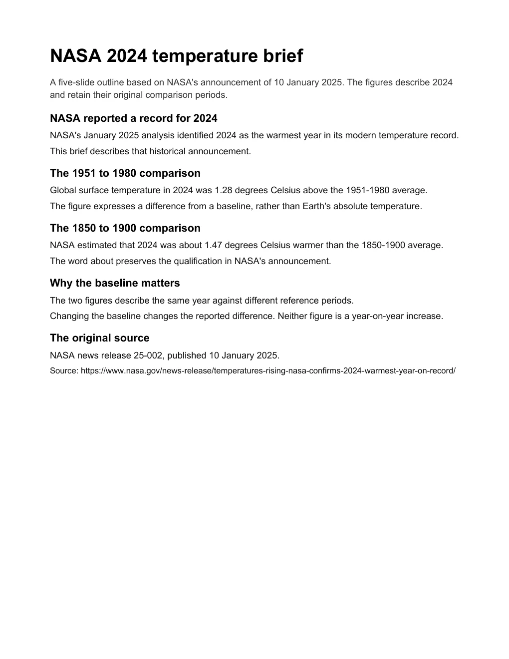 One-page PDF brief summarizing NASA’s historical 2024 temperature announcement