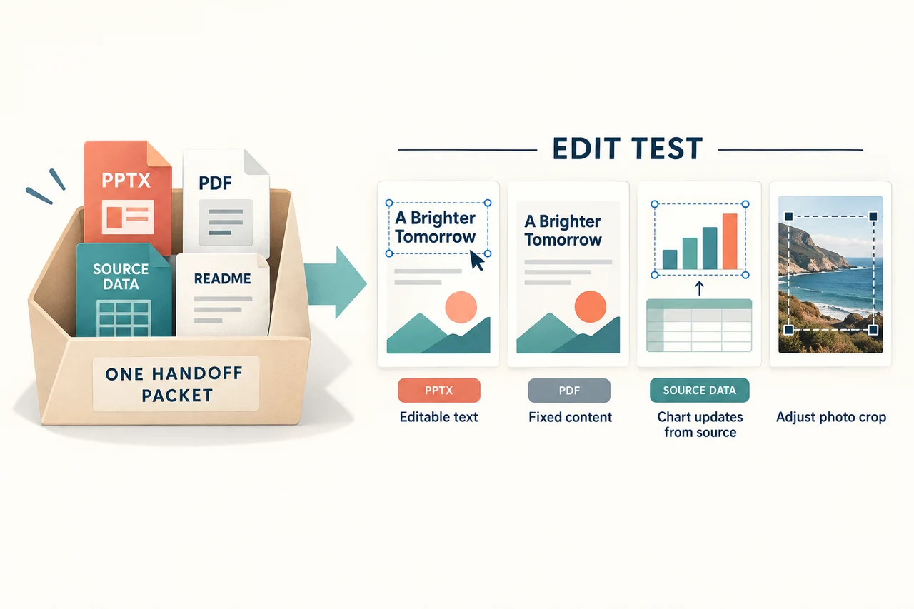 Editable PowerPoint handoff packet with a PPTX, PDF, source data, readme, and three edit tests.