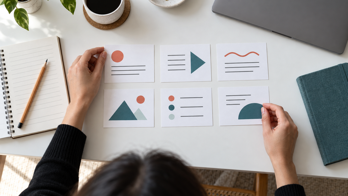 Professionnelle préparant un brief de présentation précis avant une génération IA