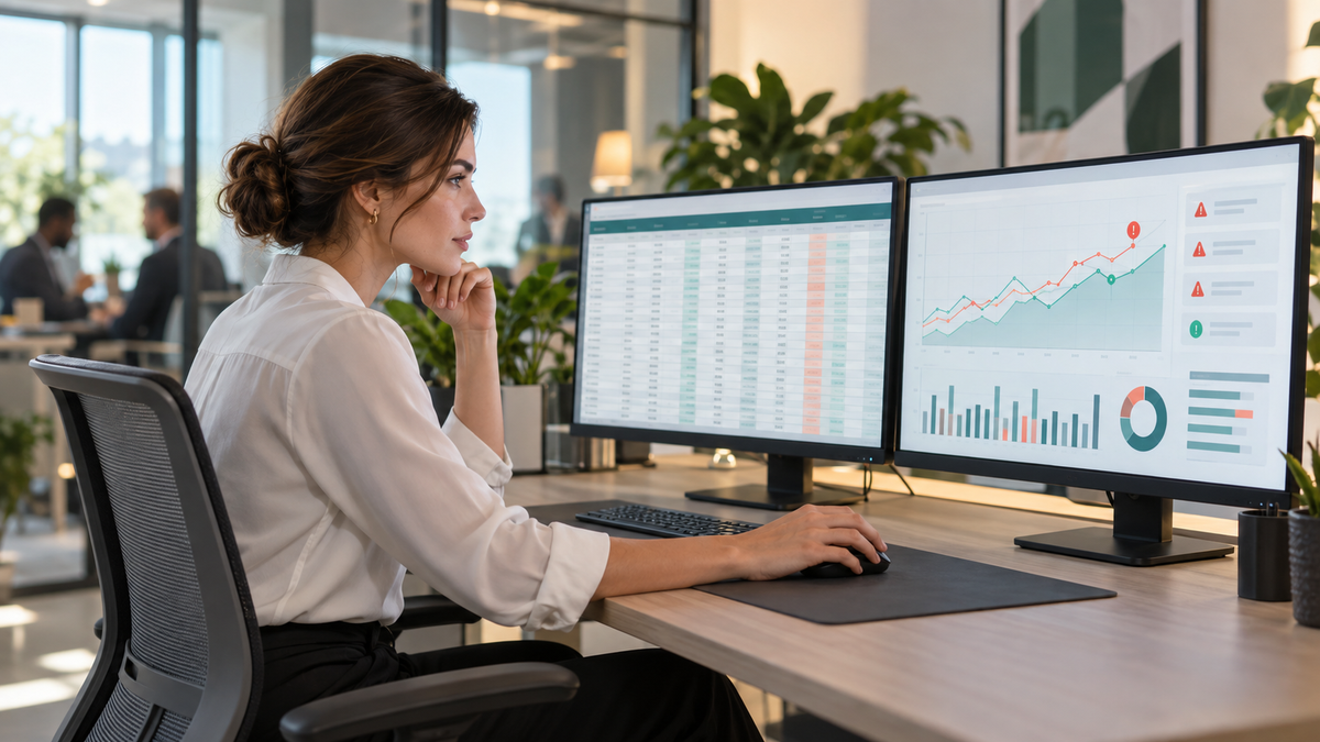 Analyste vérifiant sur deux écrans les indicateurs Excel du rapport hebdomadaire