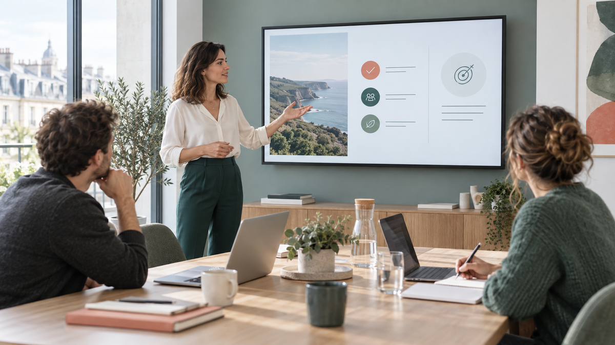Équipe relisant la version finale d'une présentation PowerPoint hebdomadaire