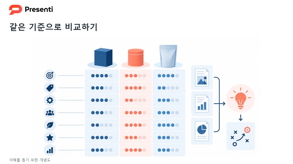 동일한 질문으로 여러 제품의 근거를 비교하는 매트릭스 개념도