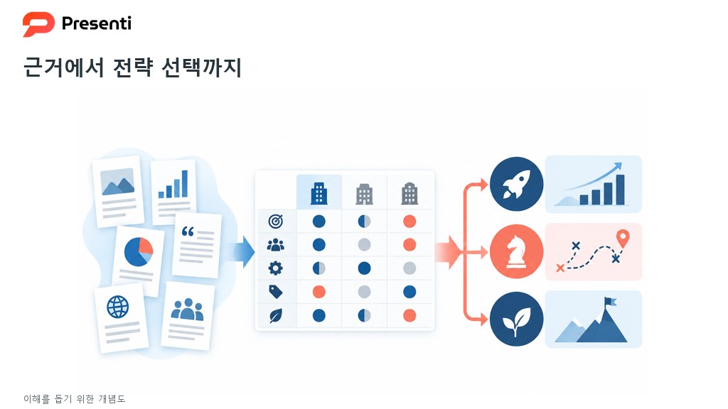 관찰한 근거를 해석과 전략 선택으로 연결하는 경쟁사 분석 개념도
