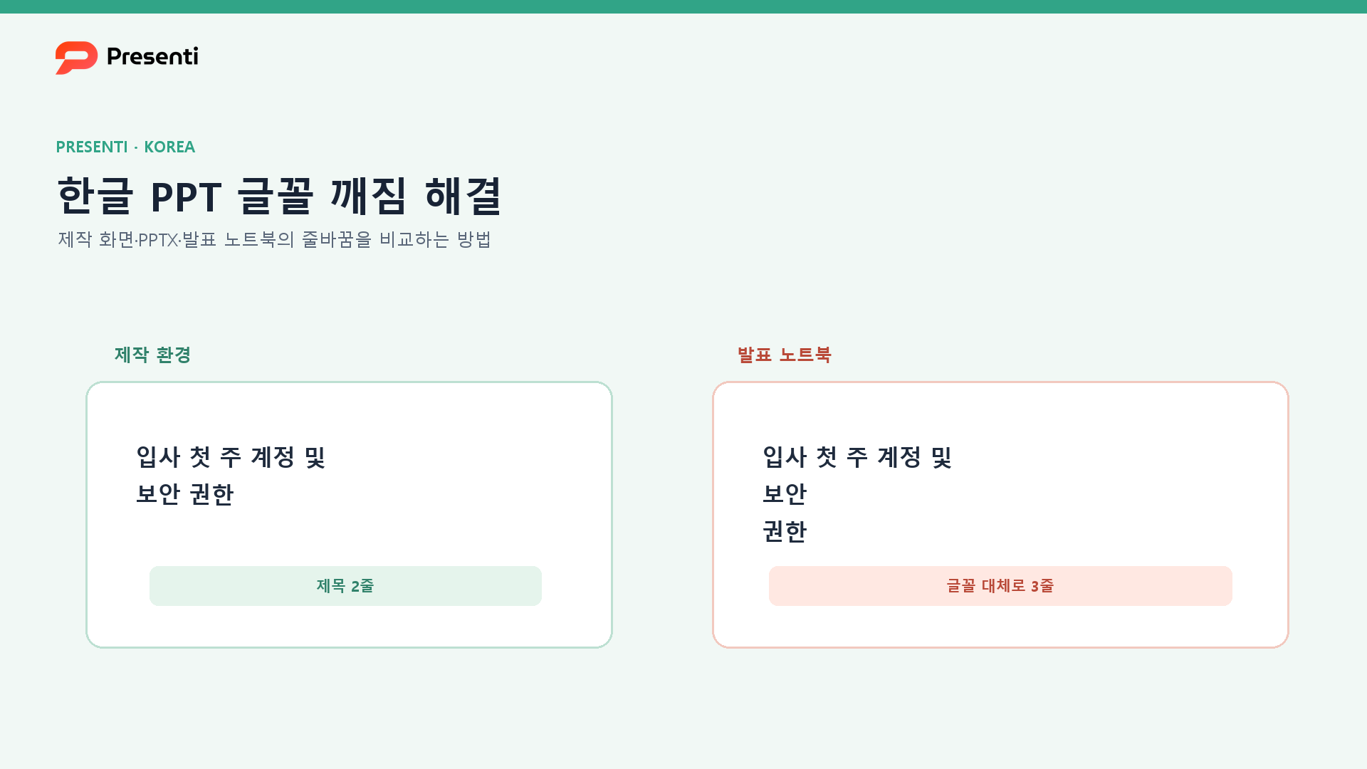 한글 PPT 글꼴 깨짐 해결 방법: Presenti PPTX의 줄바꿈과 레이아웃을 점검하는 6단계