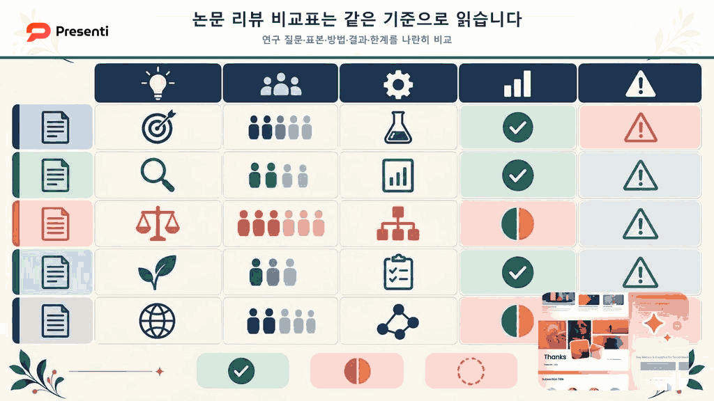 논문별 표본과 방법, 결과를 같은 기준으로 비교하는 문헌 리뷰 매트릭스