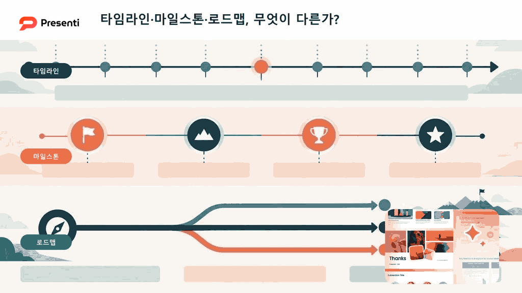 타임라인과 마일스톤, 로드맵의 목적과 정보 구조를 비교한 도표