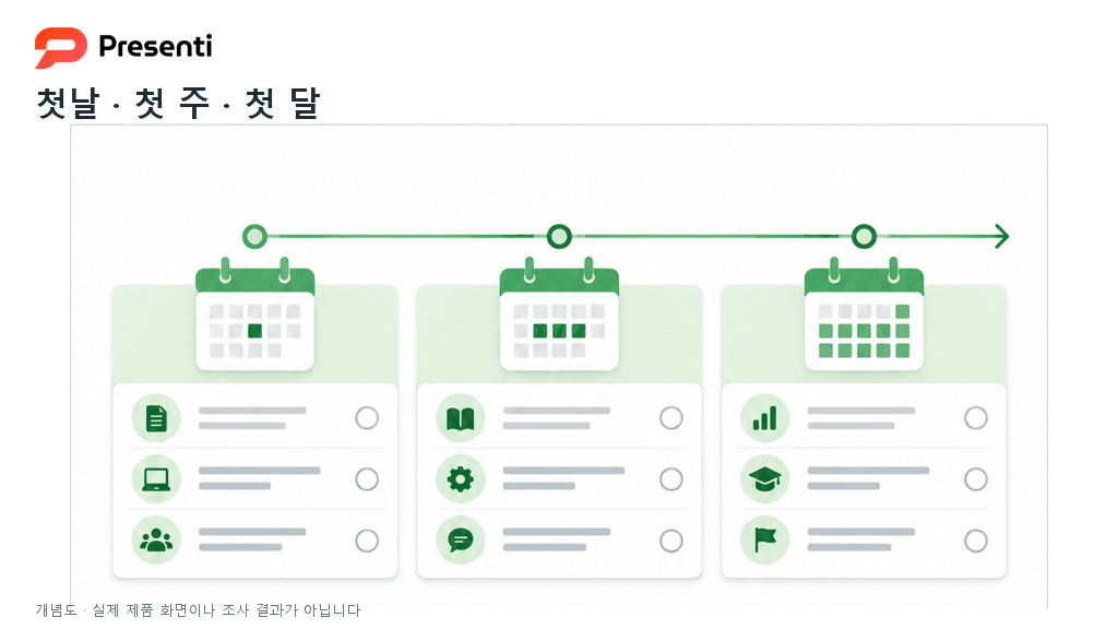 첫날 첫 주 첫 달의 목표와 완료 기준을 구분한 온보딩 일정 개념도