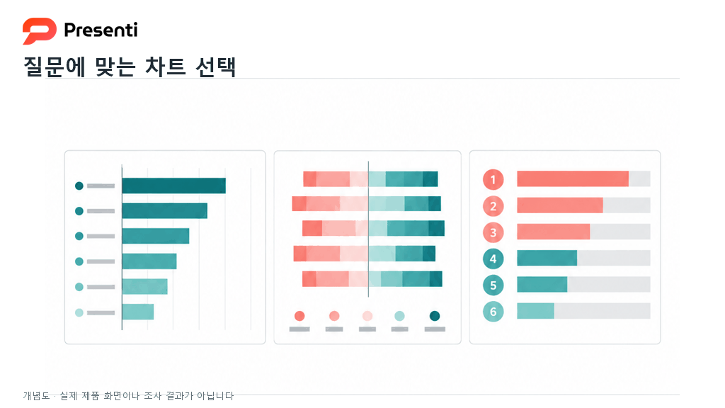 설문 문항의 유형에 맞춰 막대와 분포 차트를 선택하는 개념도